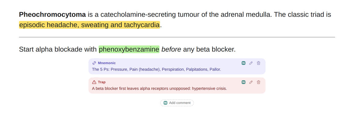 A card about phaeochromocytoma in the Anki reviewer. The classic triad is highlighted in yellow and the drug name in green, and under the answer sit two comment bubbles: a purple mnemonic, the 5 Ps, and a red trap about giving a beta blocker first.